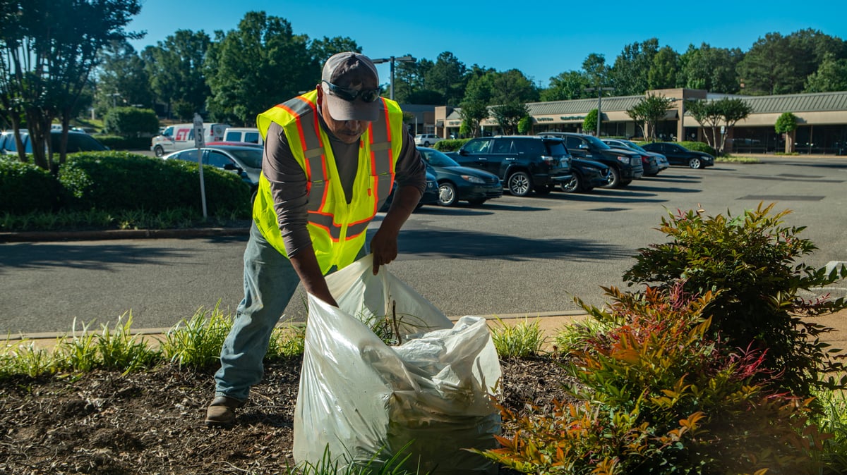 Commercial landscaping maintenance crew weeding 3