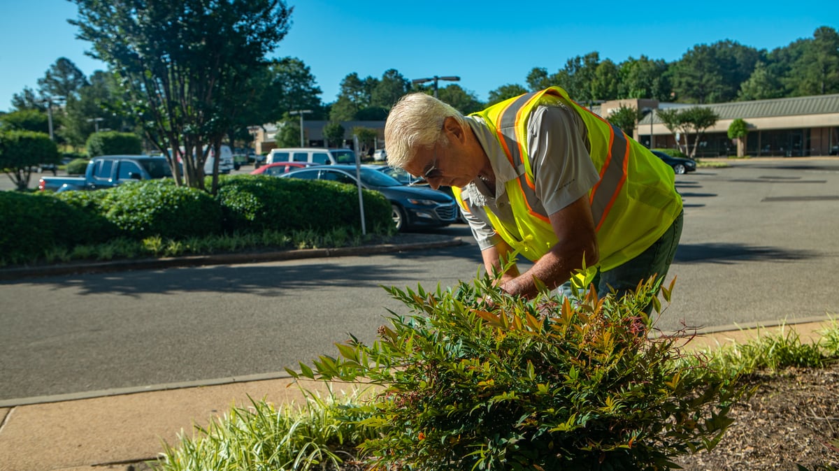 lawn care professional prunes plants for safety at industrial property