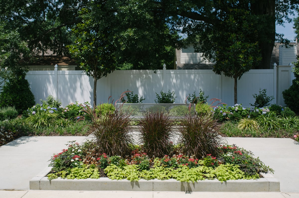 patio with bench and plantings 