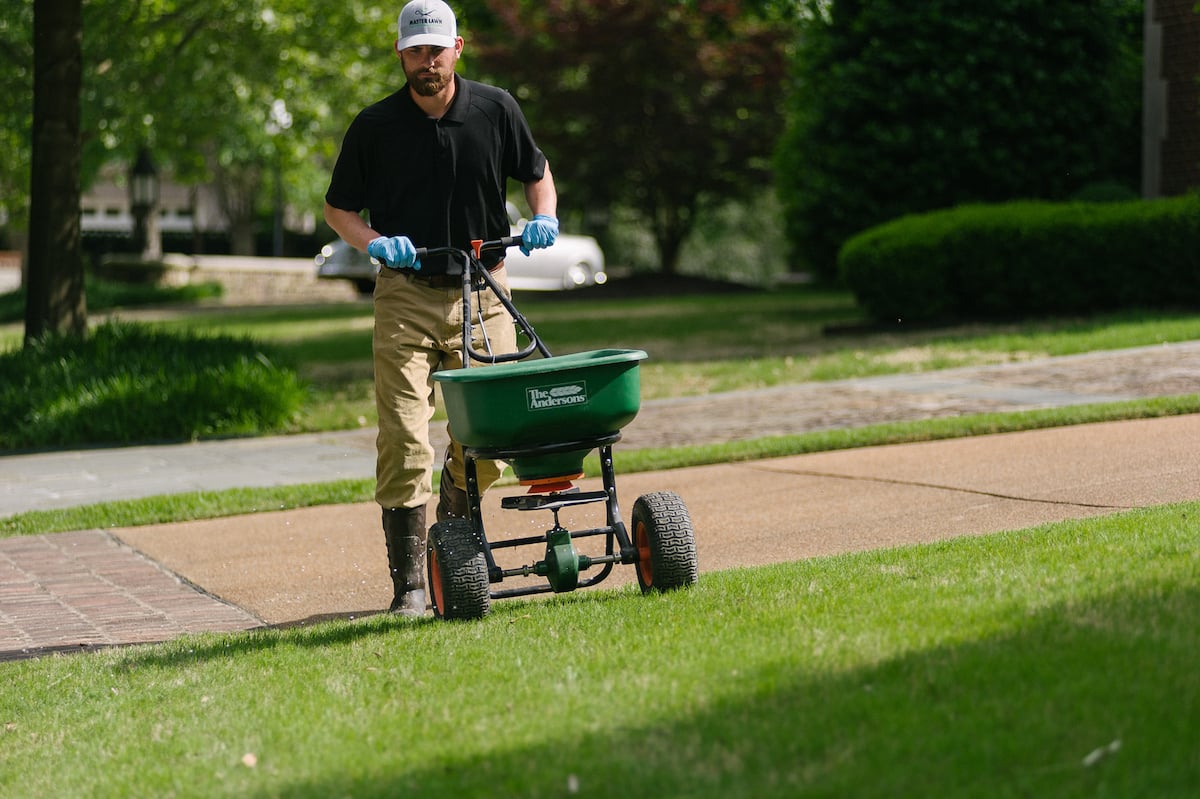 lawn technician applying granular fertilizer