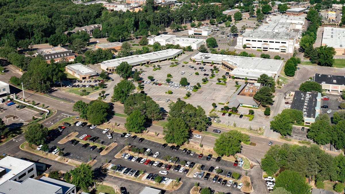 Aerial view of shopping center landscaping