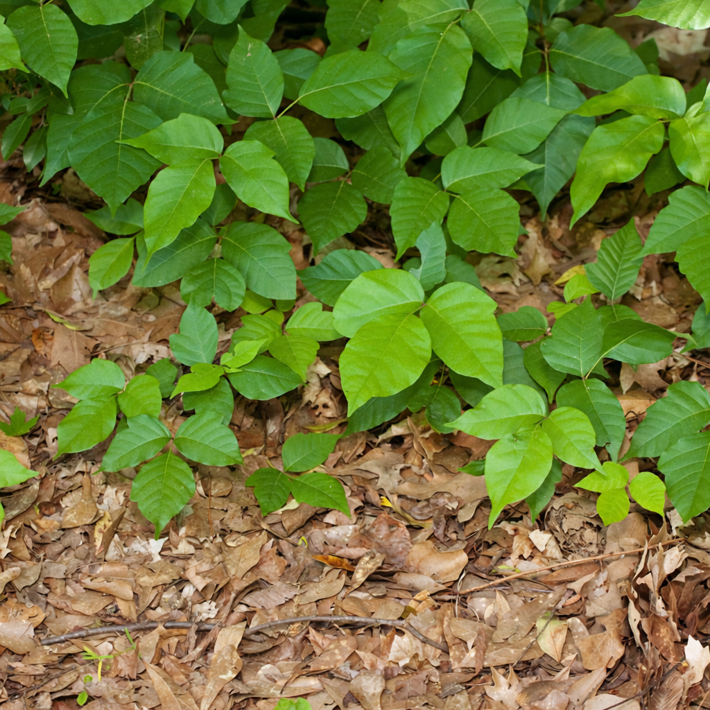 Close-up of poison ivy plants showing three green leaflets on single stems